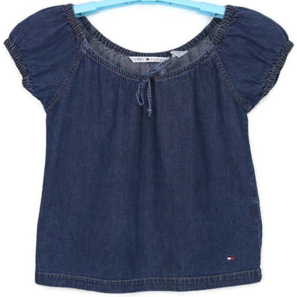 Vintage Tommy Hilfiger Denim Jean Shirt Top Blouse Blue Short Sleeve‎ 4
